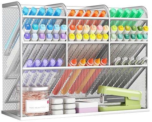 VITVITI Organizer Scrivania, 9 Porta Pennarelli, Portapenne a Rete in Metallo, Porta Penne per Ufficio a Casa (Argento)