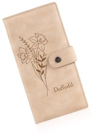 kaululu Personnalisé Femmes Portefeuille avec Fleur de Naissance et Nom Gravé Long Portefeuille en Cuir PU avec Carte Cash Monnaie pour Maman Petite Amie Femme Noël Cadeaux Personnalisés (Rose)