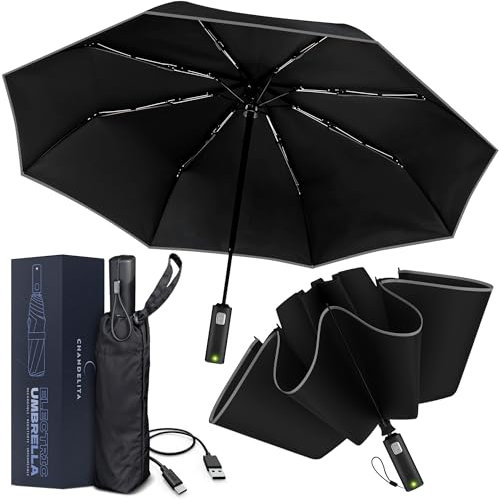 Chandelita Paraguas Plegable Antiviento 105 Cm, Ligero, Eléctrico, Recargable por USB, Protección UV y Batería para 150 Usos, Incluye Funda y Cable - Paraguas Plegable Hombre y Mujer - Umbrella
