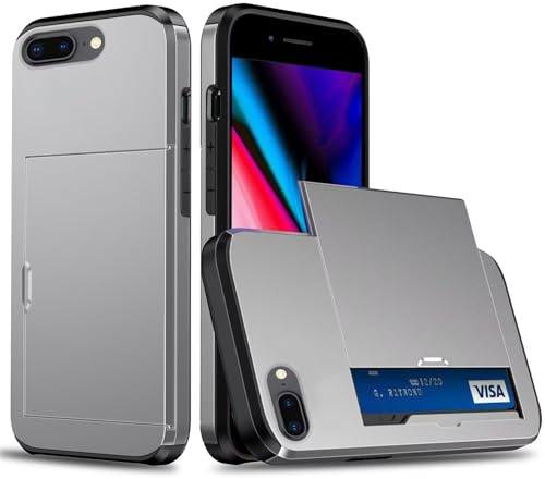 for iPhone 7 Plus/iPhone 8 Plus Case with Card Holder Sliding Cover Hidden Pocket IDs Credit Cards Slot Heavy Duty Shockproof Protective Dual Layer Wallet Phone Cover Back Shell for Men Women,Gray
