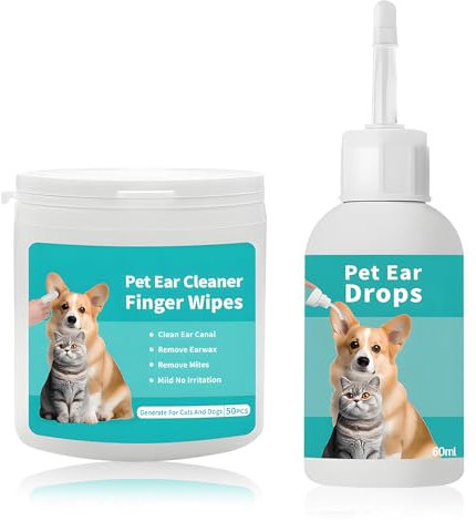 Limpiador oidos Perros 60ml, Limpiador para Orejas de Perros Y Gatos con 50 Pcs Toallitas Higiene Almohadillas de Dedo, Gotas para Oídos que Alivian la Inflamación y Picor para oídos Limpia Protege