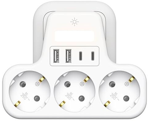 7 en 1 Regletas Enchufes 2 USB, Ladron Enchufes Plano con 2 USB C, 3 Tomas Ladrón Enchufes Multiples con LED, Triple Cargador Multiple 3680W, Regleta Pared para Oficina, Blanco