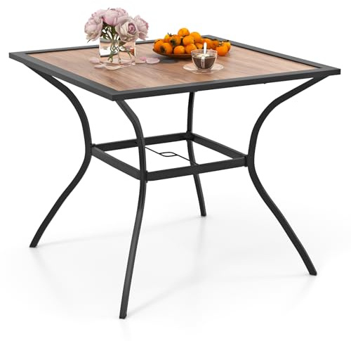GIANTEX Gartentisch mit Schirmloch, 85 x 85 cm Esstisch für 4 Personen mit holzähnlicher Tischplatte, Outdoor Terrassentisch quadratischer für Veranda, Balkon & Poolbereich