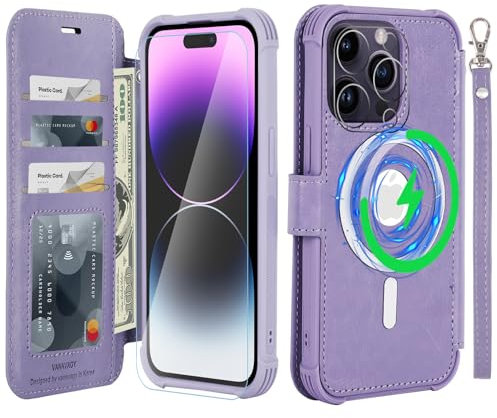 VANAVAGY Wallet Case Compatible for iPhone 14 Pro for Magsafe Wireless Charging,Leather Flip Wrist [Glass Screen Protectors]with RFID Blocking Card Holder,Clove Purple