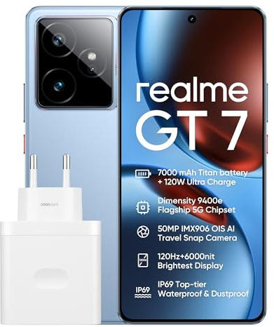 realme GT7 5G Smartphone, 12 GB+512 GB, Densità 9400e Flagship 5G Chipset, 7000 mAh batteria, 120 W di carica, 50MP IMX906 OIS della macchina fotografica, 120 Hz 6000nit Display, IP69, Blue rr