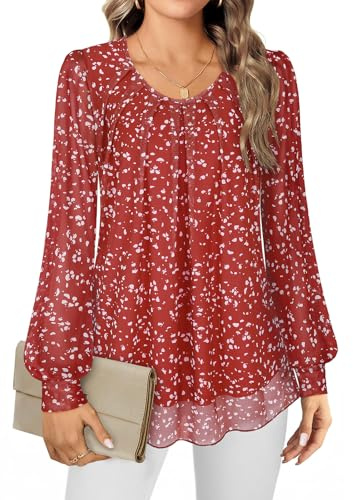 Gemulate Womens Tops Long Sleeve Chiffon Blouses for Women UK Ladies Tops Evening Top for Women UK Elegant Loose Flowy Crew Neck Double Layers Mesh T Shirts Spotted Red XL
