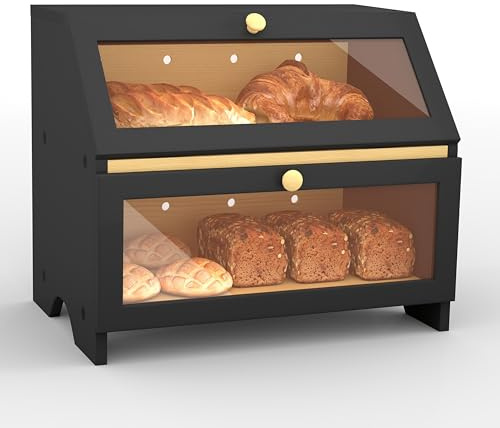 Xisilla Porta Pane da Cucina a Doppio Strato, Cestino Pane Trasparente, Portapane Moderno di famiglia, Portapane Legno nera