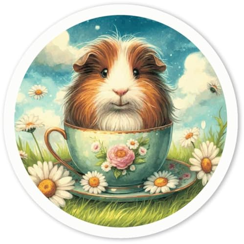 Azeeda 4 x 'Guinea Pig in Teacup' White Premium Vinyl Decal Stickers – Waterproof, Durable & Easy to Apply - for Car Bumpers, Windows, Bins & More - Small (50mm) (DW00144040)
