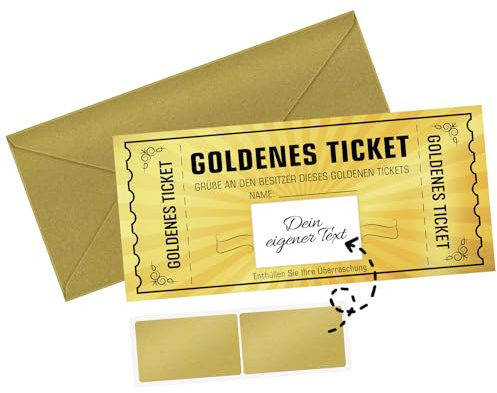 WenmthG Goldenes Ticket - Gutschein zum selber ausfüllen mit Rubbelaufkleber - Karte als Geburtstagskarte, Essensgutschein, Kinogutschein - Rubbellose zum Selbstgestalten - Geschenke für Frau, Mann