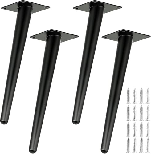 TINMAGI Pieds de Table en Métal Noir, 4 Pièces Pieds de Meuble Coniques en Acier 40cm, Pieds Inclinés avec Base Antidérapants, Pieds d'armoire de Remplacement pour Canapés Tables Basse Armoires