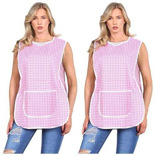 Pack Of 2 Women’s Check Tabard Aprons with Pockets – Poly Cotton Cleaning Catering Kitchen Bar Salon Workwear – Unisex Adjustable Side Button Tunic Apron Plus Size