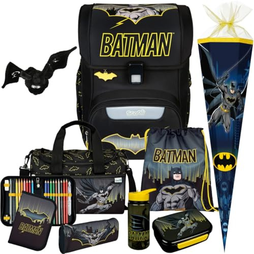 Pridera Scooli Schulranzen 1.Klasse Jungen EasyStart Schulranzen- Set (Batman 10tlg. mit Sporttasche, Brotdose, Trinkflasche, passend Plüschtier, Schultüte)