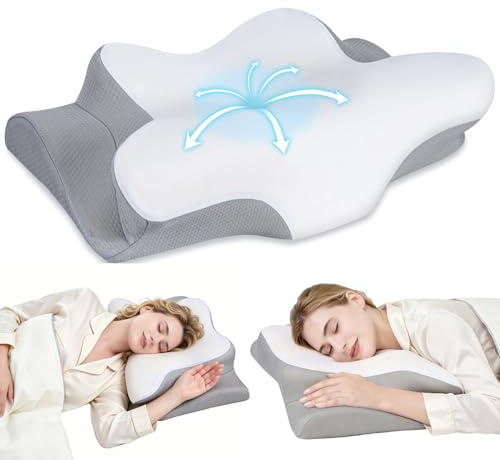 Fehlschlaf Missleep Nackenstützkissen, ergonomisches Kissen, Schmetterlingskissen, Zwei Höhen für Seiten-, Rücken- und Bauchschläfer, Memory Foam Kissen mit Kühlbezug, Weiß