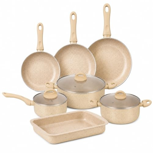 Herzberg Batteria da Cucina 10 Pezzi Effetto Marmo Induzione, Beige | effetto marmo, alluminio, tutti i piani + induzione, senza PFAS PFOA piombo cadmio, vetro temperato, manici soft-touch