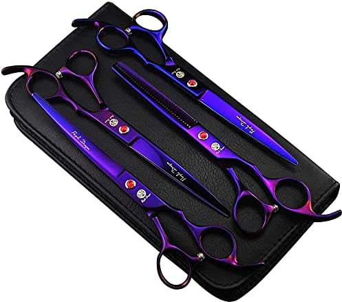 Purple Dragon Fellscheren für Hunde Profi 7,0 Zoll Hundescheren Set mit Effilierschere zur Fellpflege Gebogene Haustier Fellscheren Set Hunde Haarschere Set aus Japan 440C Edelstahl (Lila)