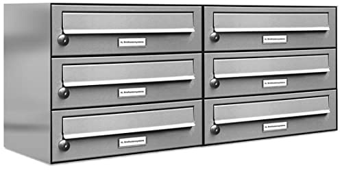 AL Briefkastensysteme 6er Briefkastenanlage, V2A Edelstahl, Premium Briefkasten DIN A4, 6 Fach Postkasten modern Aufputz