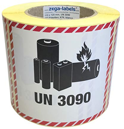 Gefahrgutetiketten auf Rolle - UN 3090 - Lithium-Metall-Batterien - ohne Telefonnummer/zum selbstbedrucken - 250 Stück je Rolle - 120 x 110 mm - Haftpapier - Kern 76 mm für Industriedrucker