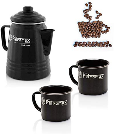 GRILL EXPERTE Kaffee Set Sunday ON Tour schwarz - Petromax Percolator + 2 x Emaille Tassen - Outdoor Kaffee Genuss