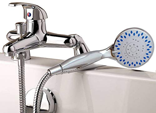 Modern Chrome Mixer Tap with Shower Deck Mounted Bathroom Single Lever Bath Shower Mixer Kit Tap Including Handset Wall Bracket