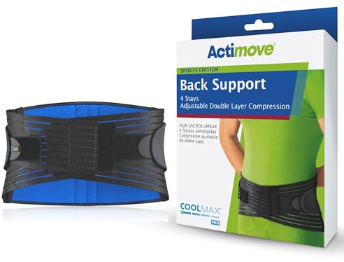 Actimove® SPORTS EDITION Back Support, 4 Stays with Adjustable Double Layer Compression - For Pain Relief with Comfort - Ideal for Exercising - Black, XXLarge | Black, 2X-Large Adjustable, For Back Strains, Muscle Insufficiency