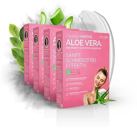 Capillum AMOVE Aloe Vera 4x300g Premium Enthaarungscreme Intimbereich Frau - sanftes Enthaarungspulver Frauen schmerzfreie Dusch-Intim Enthaarungscreme Frauen ohne Zusatzstoffe mit neutralem Geruch