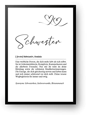 Postertech® Definition Schwester Poster | Worterklärung im Wörterbuch Stil | Wanddeko für Wohnzimmer oder Schlafzimmer | DIN A4 ohne Rahmen