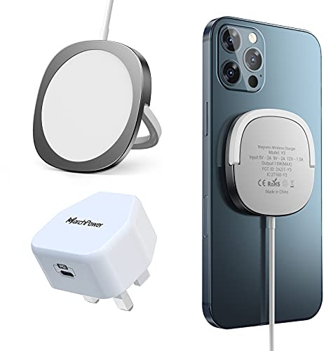 Marchpower Magnetic Wireless Charger, 15W Magnetic Wireless Charging Pad Compatible with iPhone 13 Pro 12 12 mini 12 Pro 12 Pro Max, Airpods Pro, Fast Charging Stand with 20W USB C Plug - Siliver