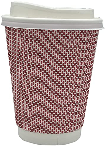 HOT BARGAINS, 50 X Disposable Coffee Cups with Lids Size 12oz / 360ml Leak Proof Triple Layered Recyclable Paper Cups for Hot and Cold Drinks Takeaway Cups (RED & White)