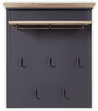 Stella Trading JASMIN Garderobenpaneel in Graphit, Artisan Eiche Optik - Landhausstil Hutablage & zuverlässige Wandhaken für Jacken & Taschen - 93 x 107 x 30 cm (B/H/T)
