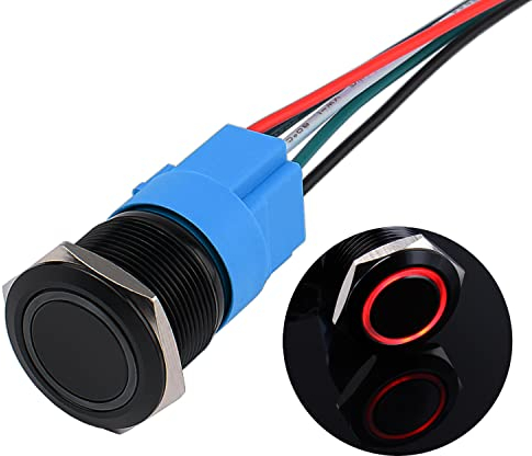 JIQI 22mm Interruptor de botón de pestillo 12V a 24V 5A 1NO 1NC IP66 Pulsador precableado hidrófugo con iluminación LED Carcasa de metal negro para automoción DIY Coche Motocicleta (Rojo)