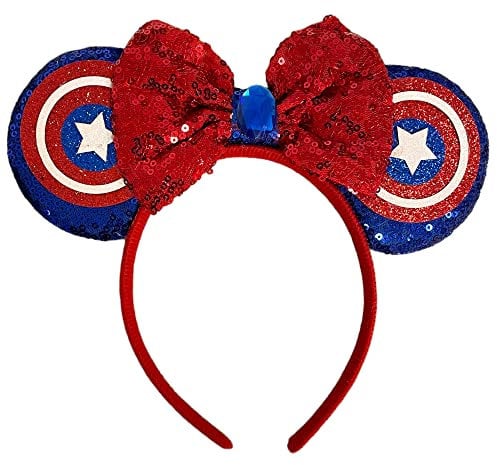 Captain America Shield Inspired Minnie Mouse Alice Headband With Big 5 Sequin Top Bow Handmade