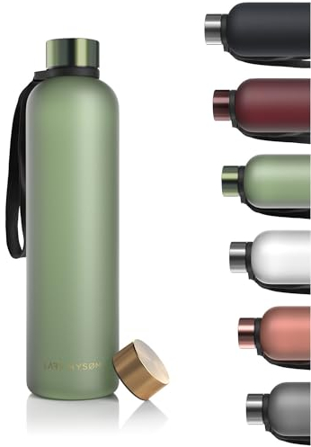 LARS NYSØM Gourde 1l | Bouteille d'eau 1000ml | Gourde de sport ultralégère en Tritan | Idéal pour le sport, le bureau, le yoga, les enfants | 2 couvercles inclus (Green - Gold, 1000ml)