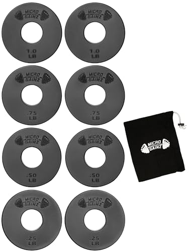 Micro Gainz Standard 1-Inch Center Hole Fractional Weight Plate Set of .25LB-.50LB-.75LB-1LB Plates (8 Plate Set) w/Bag- Designed for Standard 1-Inch Barbells and Dumbbells, Made in USA