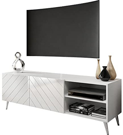 lukmebel Virginia RTV Schrank - 2xRegal 2xSchrank - Push-to-Open - Gefräste Fronten - Modern, Minimalistisch, Loft-Einrichtungen - 40x149,3x49cm - Weiß/Weißglanz – Chrom Beine