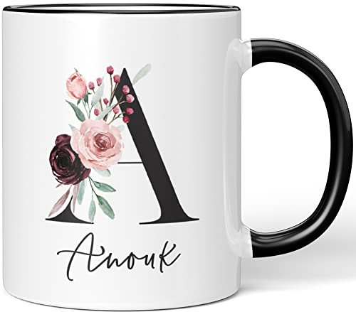 JUNIWORDS Tasse, Anouk, Name Anfangsbuchstabe Initial Alphabet Floral Buchstabe A Monogramm Motiv, Schwarz (5556551)