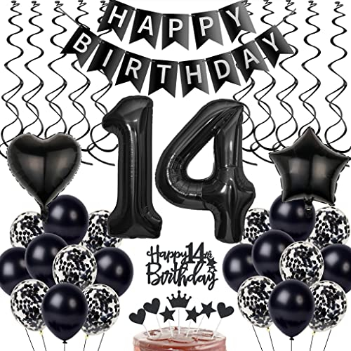 Schwarz 14. Geburtstag Dekoration, Luftballon 14. Geburtstag Deko, Schwarz Tortendeko 14 Jahre Junge, Deko 14. Junge Mädchen, Deko 14. Ballons