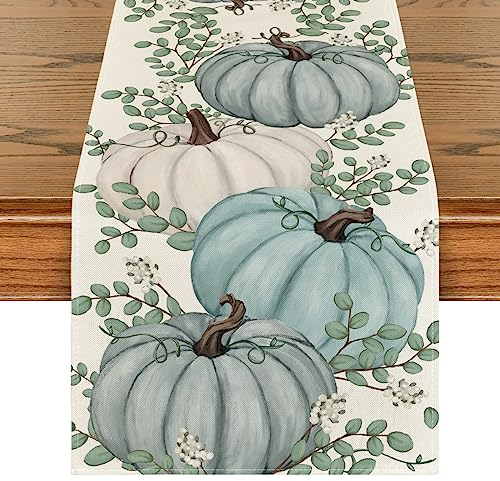 Artoid Mode DREI Blau Kürbisse Eukalyptus Herbst Tischläufer, Saisonnal Küche Tisch Dekoration Drinnen Urlaub Party Dekor 40x180 cm