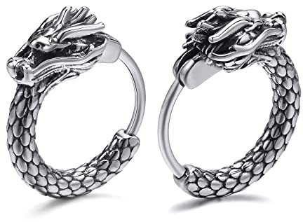 Wikinger Drache Ohrringe Herren - Chirurgischer Edelstahl Vintage Cool Drache Hoop Huggie Ohrringe für Männer Jungen, Punk Rock Wikinger Schmuck Amulett Geschenk