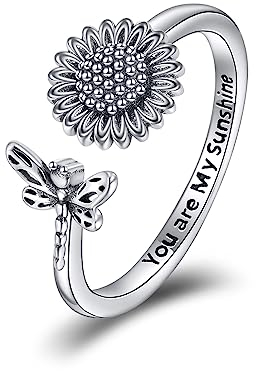 Sonnenblume Ringe Sterling Silber Vintage Einstellbare Tier Sonnenblume Ring Schmuck Geschenke für Damen Mädchen (Libelle)