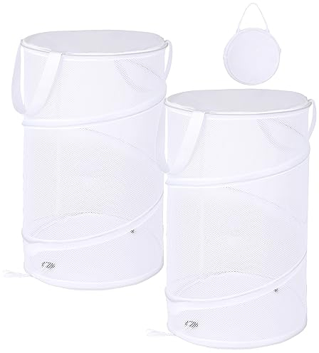 Faltbarer Wäschekörbe mit Deckel, Pop-Up Mesh Laundry Baskets, Tragbar Wäschekörbe Weiß aus Netzstoff,Wäschekörbe mit Henkel für Camping,Reisen,Kleidung,Kinderzimmer Organizer,2 Stück,32x32x50cm