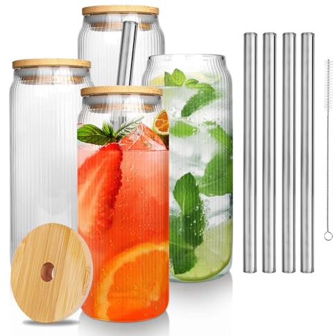ONEHAUS 4 Stück Trinkglas mit Strohhalm und Deckel, wiederverwendbarer Smoothie-Becher, Boba-Becher Reiseflasche, Weithals-Einmachglas mit Abdeckungen und Edelstahlstrohhalmen