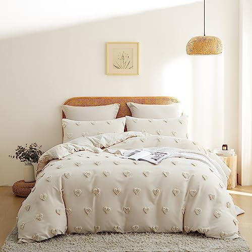 Sedefen Boho Bettwäsche 220 x 240 cm Beige Herz Getuftet Stickerei Bettwäsche-Set Gewaschene Mikrofaser Mädchen Vintage Boho-Stickerei Wende-bettwäsche und 2 Kissenbezüge 80 x 80cm mit Reißverschluss