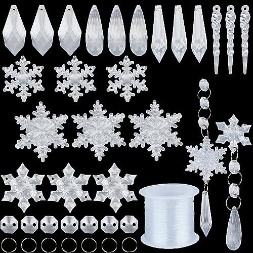 SUNNYCLUE 1boîte 192pcs 7 Styles Décoration d'arbre de Noël Ornements en Cristal Suspendus Acrylique Flocon de Neige de Noël Glaçon Goutte Larme Charme pour la Fabrication de Bijoux Breloques Trouver