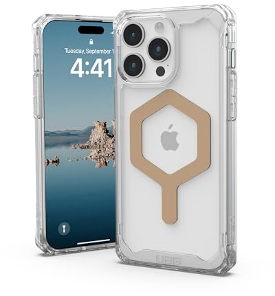 URBAN ARMOR GEAR UAG Hülle Kompatibel mit iPhone 15 Pro Max Hülle 6,7 Zoll Plyo Ice/Gold Eingebauter Magnet Kompatibel mit MagSafe Charging Rugged Anti-Vergilbung Transparent Klar Schutzhülle