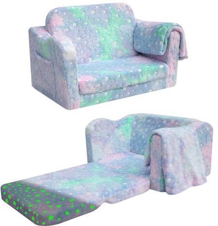 MeMoreCool Kids Couch, Folding Kids Sofa Bed, Toddler Convertible Sofa Chair to Lounger Pull Out Couch for Playroom, Glow In The Dark
