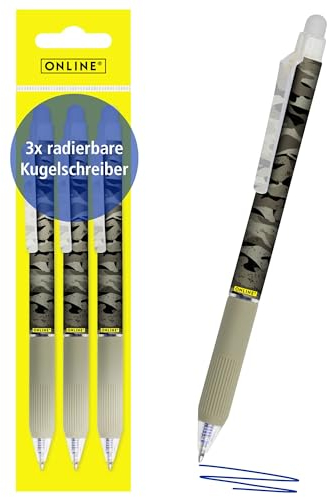 Online magiXX, 3x Radierstift Camouflage I Gelschreiber blau radierbar mit 0,7mm Strichstärke I Tintenroller zum Schreibenlernen, Büro I Erasable Pen Set I Radierbarer Kugelschreiber Schüler