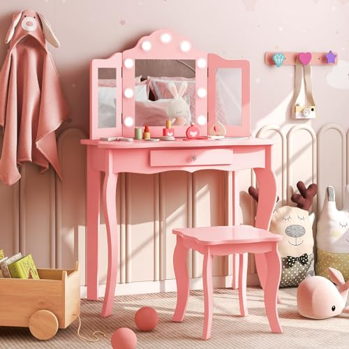 DREAMADE Schminktisch Kinder mit LED-Beleuchtung & Abnehmbarer Spiegel, Prinzessin Frisiertisch mit Schublade und Hocker, Kinderschminktisch mit Hocker für Kinder Mädchen (Rosa-mit Beleuchtung)