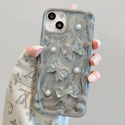 QLTYPRI Aesthetic Handyhülle für iPhone 13/ iPhone 14 Hülle, Süßes Creme mit Schleife Design Perlen Glitzer Kristall für Frauen Mädchen Teen Girls Schutzhülle - Grau