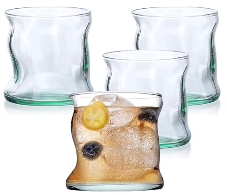Medo%100 Recycelte Trinkgläser und Whiskygläser - Set mit 4 - 340 cc - Cocktailgläser - Eiskaffeeglas - Einfacher moderner Becher - Design Eisteeglas - Nachhaltiges Glaswaren-Set