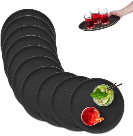 Relaxdays Set of 10 Serving Tray Set 10 Bandejas Bar, Redondas 35cm Ø, Plato Servir, Superficie Antideslizante, Camareros, Gastronomía, Negro, 35 cm